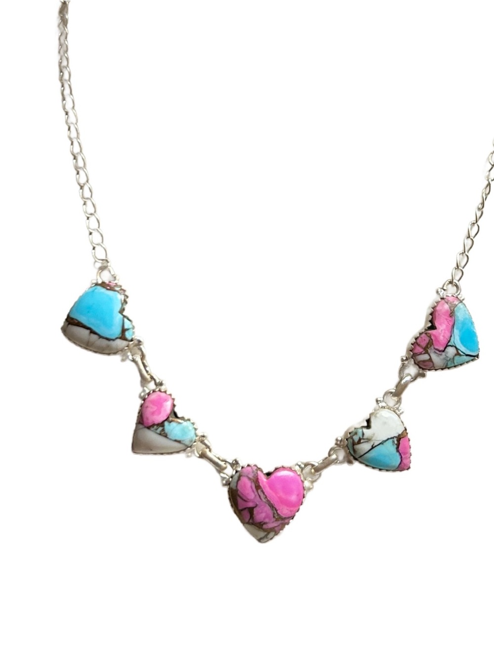 Native American Sterling Silver W/ 5 Hearts Cotton Candy/Turquoise/Pink Necklace